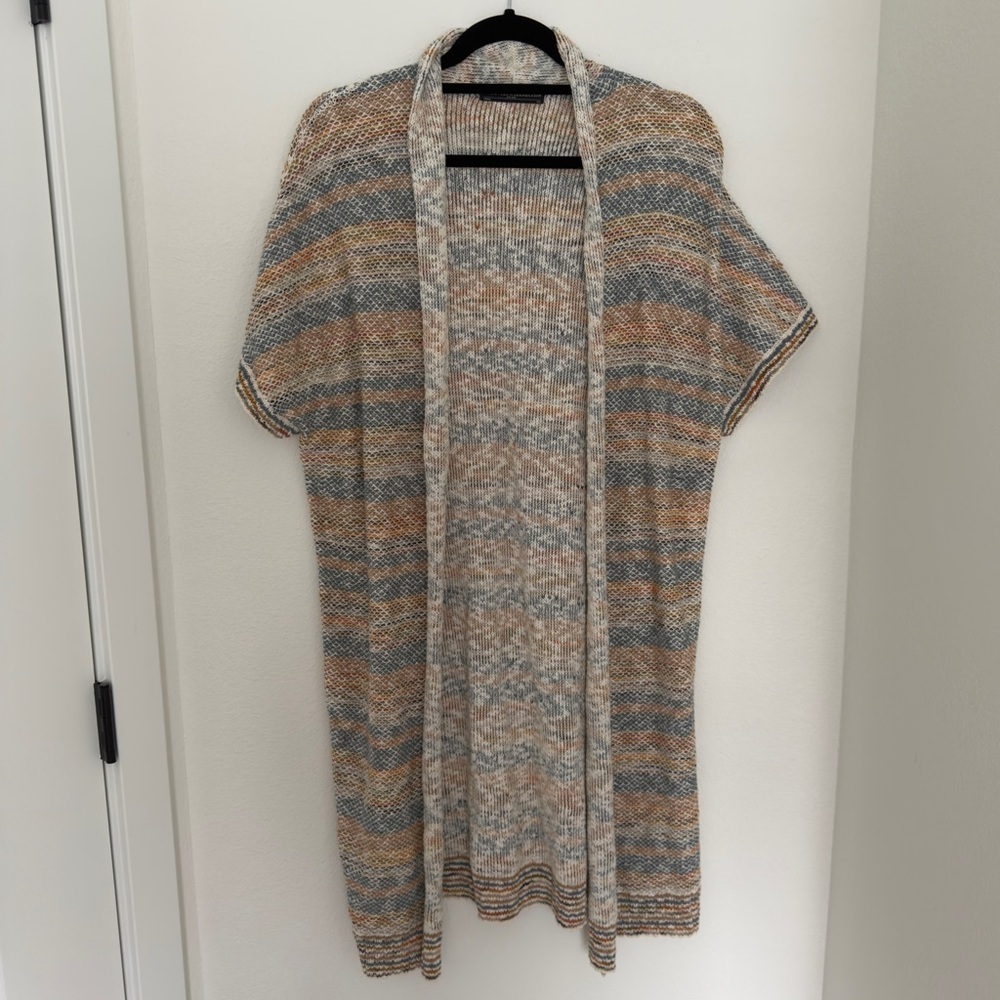 Peruvian Connection Stripe Short Sleeves Open Front Longline Cardigan Size XS